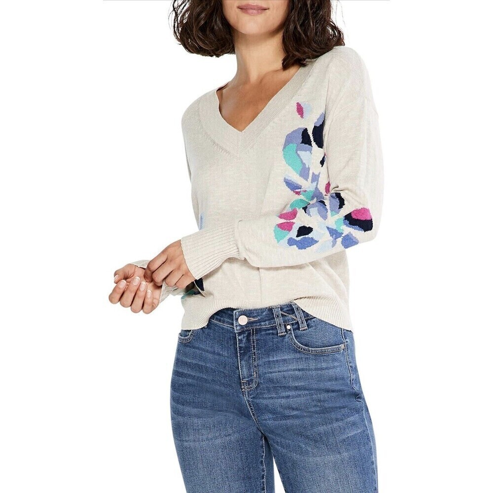 Nic + Zoe Blooming Short V Neck Sweater Beige Pink Floral Size M NWT $168